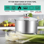 TeamFar 6 Quart Stock Pot, Stainless Steel Tri-Ply Cooking Pasta Pot with Tempered Glass Lid for Induction/Electric/Gas/Ceramic, Healthy & Sturdy, Double Riveted Handles & Dishwasher Safe