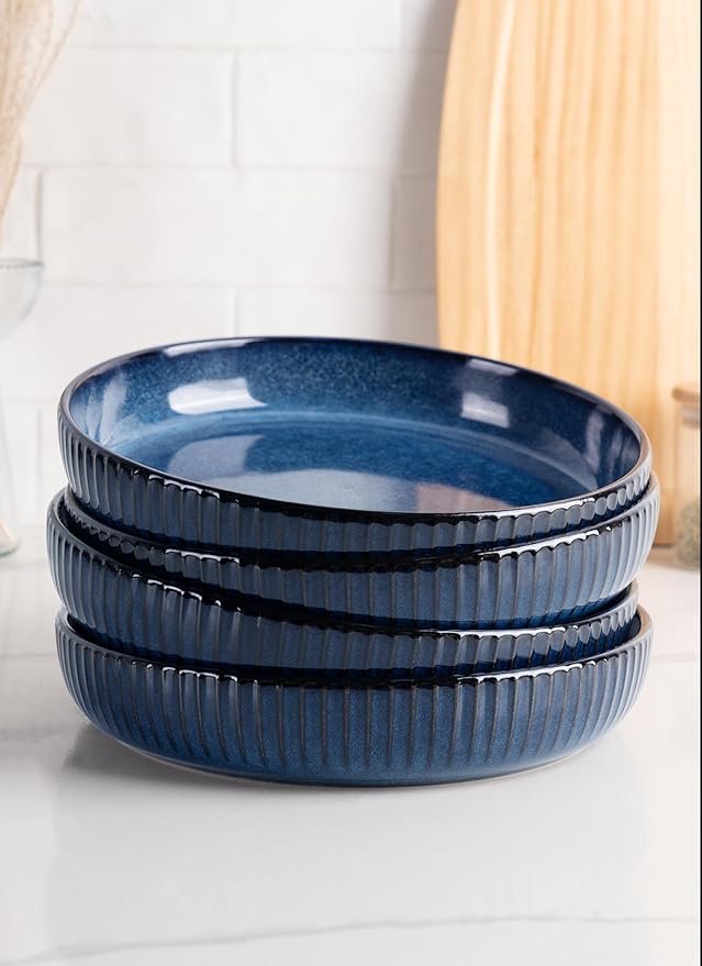 famiware Starlight Large pasta bowls set of 4, Serving Bowls for Pasta, Salad, Dinner, Oatmeal. Microwave Safe-36 oz, 8.46 inch, Blue