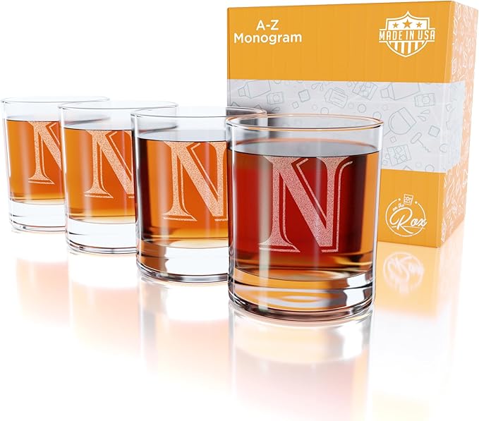Monogrammed Gifts for Men - 4PC 11 Oz Custom Whiskey Glasses (N-Monogram) - Engraved Whiskey Glasses - Personalized Whiskey Glasses - Unique Bourbon Glasses - Personalized Glass Gifts for Dad