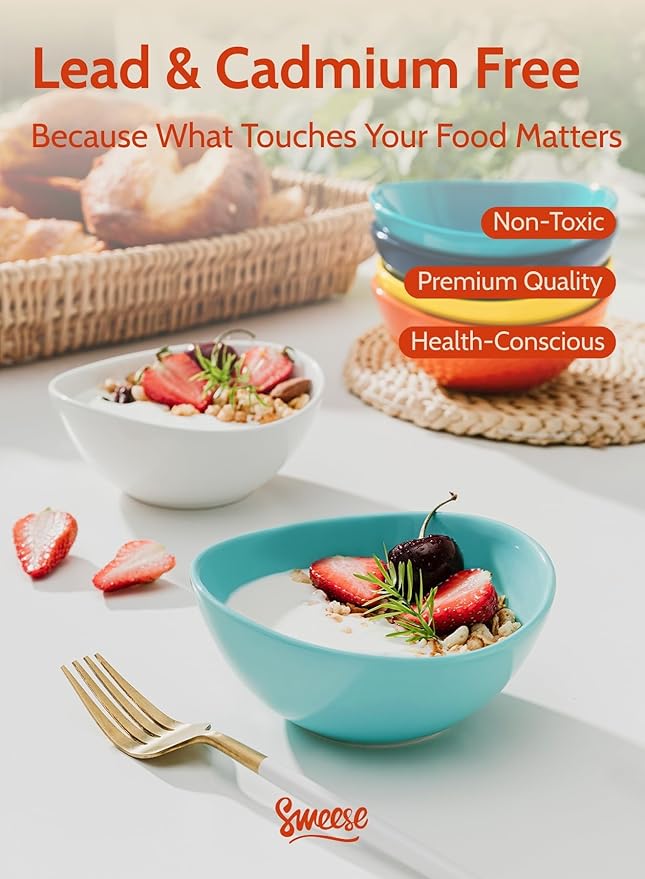 Sweese Porcelain Bowls Set - 5 Inch, 10 oz, Assorted Colors, Set of 6, Microwave Dishwasher Safe for Desserts, Soups