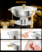5QT 6 Packs Chafing Dish Buffet Set, NSF Round Stainless Steel Chafers and Warmers Food Servers Sets with Lid & Lid Holder, Spoon & Tweezer for Catering Events Parties Weddings Dinners, Gold