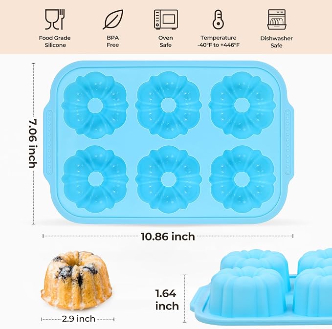 Mini Fluted Tube Cake Pans for Baking with Metal Reinforced Frame, 2Pcs Silicone 6-Cavity Mini Flan Molds, Nonstick Baking Mold for Cupcake, Brownie, Donuts, Cornbread, Jello