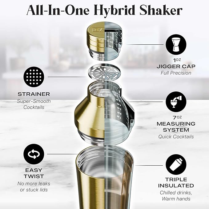 Insulated Cocktail Shaker Set | Double Wall Stainless Steel | Martini Shaker for Home Bar Bartending | Built-in Drink Measurement System & Strainer, Travel Bag, 35 Recipes | Gift Set (Gold)