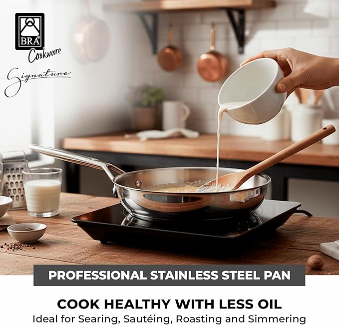 BRA COOKWARE Signature Frying Pan | 10.2 inches Professional Skillet | Stainless Steel Frypan | All Stovetop Compatible - Full Induction Skillet | PFOA Free | w/o Non-Stick Coating | Polished Finish
