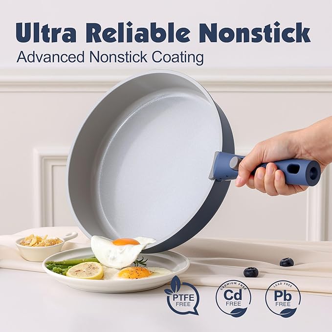 SENSARTE 17 Piece Ceramic Pots and Pans Set, Nonstick Detachable Handle Cookware, Induction Kitchen Cookware Set with Removable Handle, Dishwasher ＆ Oven Safe (Navy)