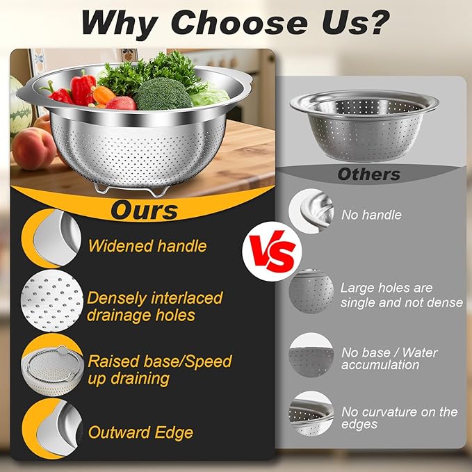 Colander, Stainless Steel Colander for Kitchen, 3Pcs Kitchen Gadget Food Strainer Basket with Handle, Kitchen Strainer Colanders Bowl for Pasta Noodles Spaghetti Vegetables Fruit (2QT, 3QT, 5QT)