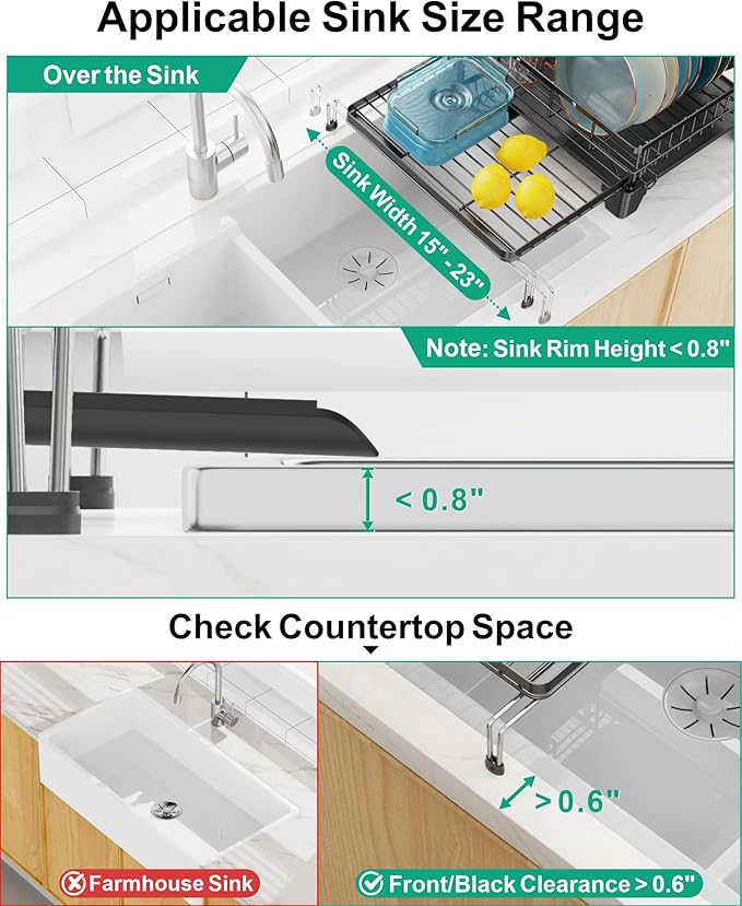 GSlife Extendable Dish Drying Rack - Large 2-in-1 Dish Racks for Kitchen Counter or Over Sink, Anti-Rust Dish Drainer with Drainboard, 2 Pan Slots and Utensil Holder, Black