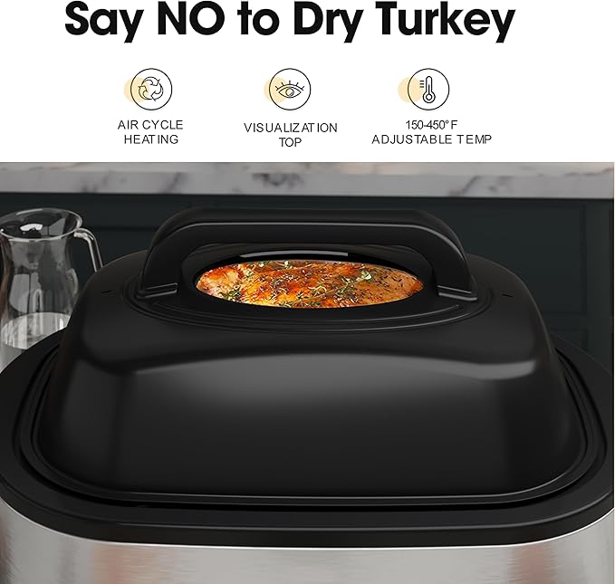Roaster Oven 28 Quart, Electric Roaster Pan with Visible & Self-Basting Lid, Large Stainless Steel Electric Turkey Roaster Oven Defrost Warm Function, Removable Pan Rack, Fits Turkeys Up to 30LB