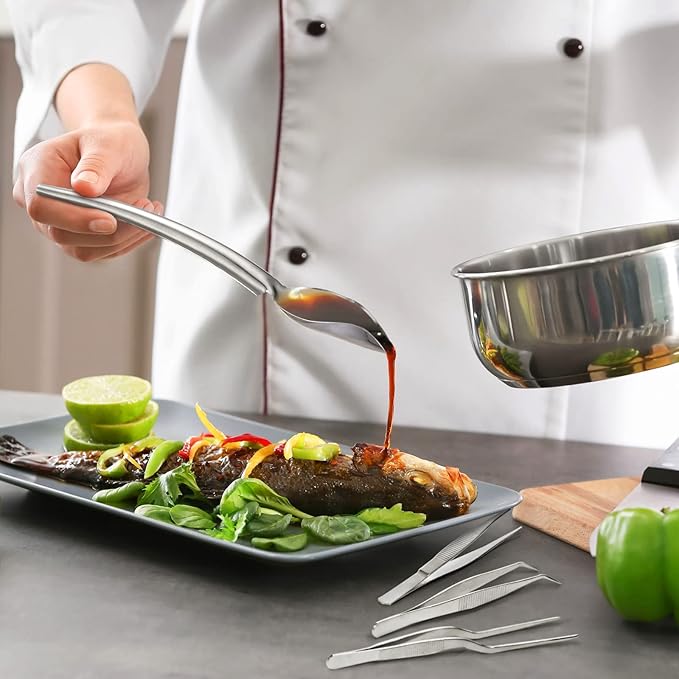 Patelai 12 Pieces Culinary Precision Drizzle Spoons Plating Tools Cooking Tweezers Stainless Steel Drawing Spoons Plastic Dough Scrapers Wood Icing Spatula for Chef Food Culinary Plating Decorating