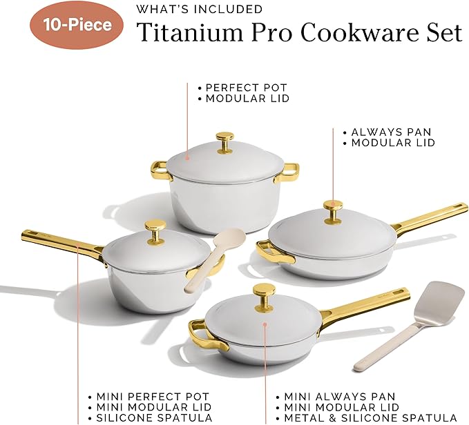 Our Place Titanium Pro Cookware Set | Standard & Mini Always Pans & Perfect Pots | Coating-Free Titanium Nonstick, Tri-Ply Stainless & Aluminum | Oven, Induction & All Cooktops up to 750°F | Gold