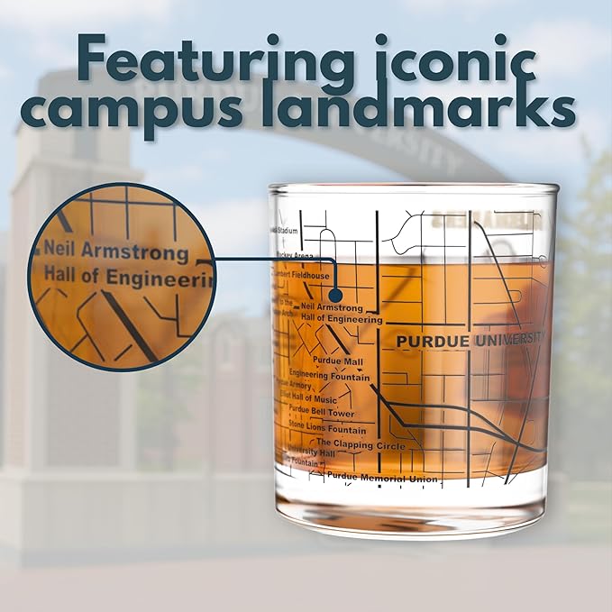 Greenline Goods – University of Purdue Boilermakers College Whiskey Glasses (Set of 2), 10 oz – Full-Color Logo + Campus Map