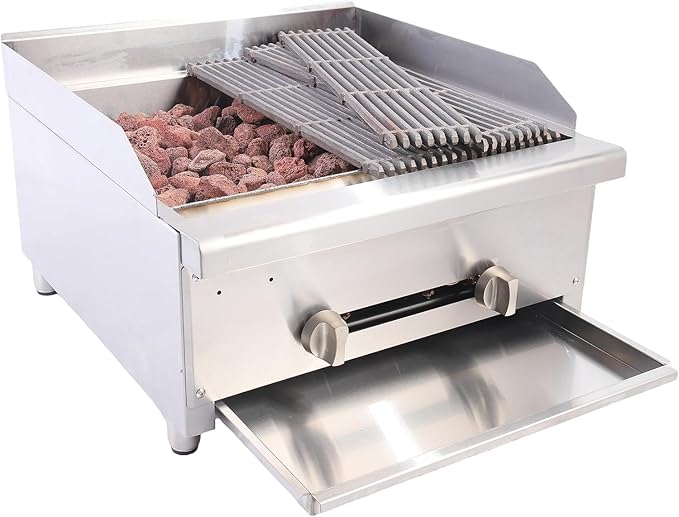 24 Inch Commercial Gas Lava Rock Charbroiler, Stainless Steel Countertop Grill with 2 Burners 56000 BTU, Cast Iron Grates, Restaurant BBQ Broiler, Natural Gas/Propane