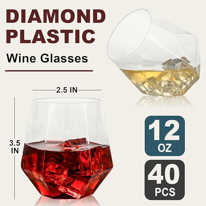 Goodluck 40 PCS Diamond Stemless Plastic Wine Whiskey Glasses, 12 Oz Disposable Cocktail Glasses, Suitable for Weddings, Birthday Parties, Family Gatherings, Bars, etc (Clear)