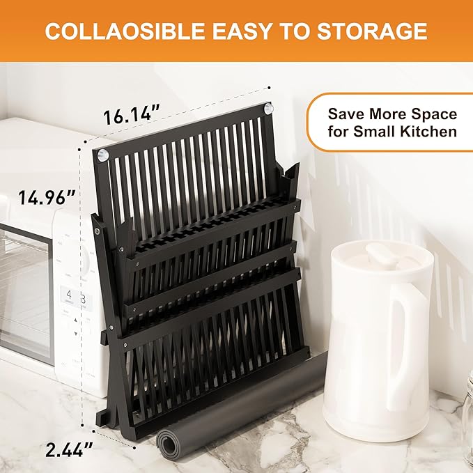 Greenual Black Bamboo Dish Drying Rack with Utensil Holder, 3 Tier Collapsible Dish Rack, Wooden Dish Racks for Kitchen Counter, Large Folding Drying Holder with Absorbent Dish Drying Mat