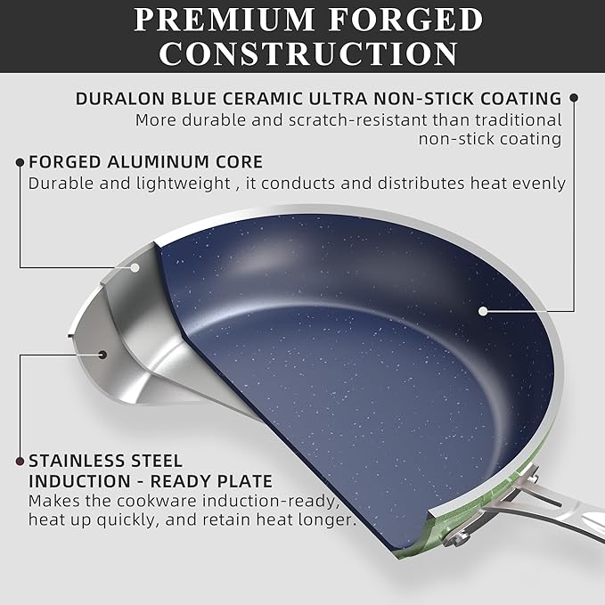 Nuwave Healthy Duralon Blue Ceramic Nonstick Cookware Set, Diamond Infused Scratch-Resistant, PFAS Free, Dishwasher & Oven Safe, Induction Ready & Evenly Heats, Tempered Glass Lids & Stay-Cool Handles