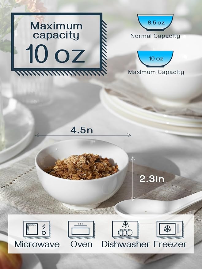 DOWAN 8.5 OZ Small Ceramic Bowls Set of 4 - White Bowls for Dessert, Dip, Side Dishes, Ice Cream, Fruit, Rice - Dishwasher & Microwave Safe (Soft White)