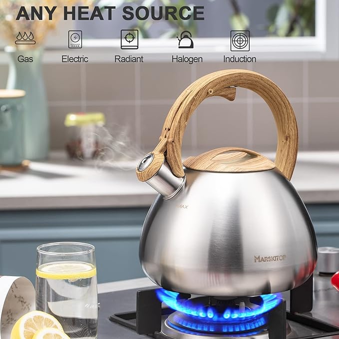 MARSKITOP Tea Pot for Stove Top 2.6 Quart, Stainless Steel Tea Kettle Stovetop Whistling with Stay Cool Handle, Silver