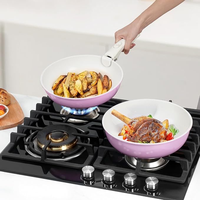 15Pcs Pots and Pans Set Non Stick, Cookware Sets with Detachable Handle, Nonstick RV Kitchen Cooking Tools Removable Handles, Oven Safe, Induction Fast, Stackable Induction Cookware, Pink