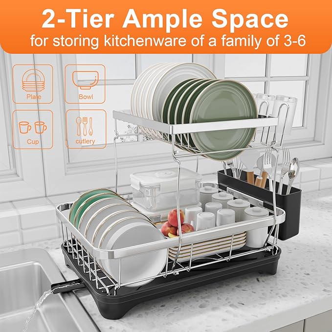 Dish Drying Rack - 2-Tier 304 Stainless Steel Dish Rack for Kitchen Counter, Adjustable Spout Auto-Draining Dish Rack, Kitchen Organizers and Storage Rack with Drainboard and Cutlery Holder Black