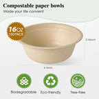 ECOLipak 150 Pack Compostable Disposable Paper Bowls, 16 OZ Biodegradable Bagasse Eco-Friendly Sugarcane Soup Bowls for Salad Wheat Flakes(Nature)