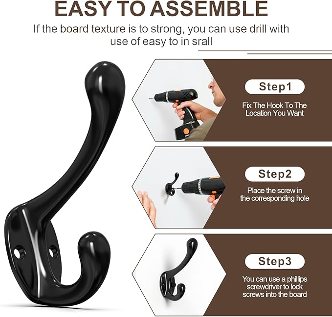 Coat Hooks, 16 Pack Black Metal Heavy Duty Screw-in Wall Hooks for Closet, Backpack, Bag, Clothes - Mounted Door Hooks for Classroom, Cubby Organization