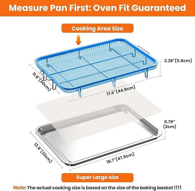 Extra Large Air Fryer Basket for Oven, 18.7"x12.8" Stainless Steel Baking Pan & Crisper Tray, Fits Whole Chicken, Commercial-Grade Oven Air Fryer with 30 Parchment Papers, Dishwasher Safe