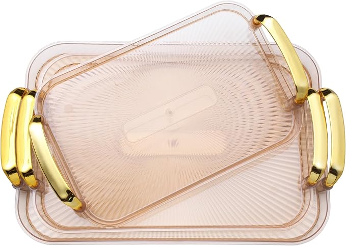 3 Pack Serving Tray with Handles, Stackable Reusable Trays for Serving Food, Plastic Serving Platters for Party, Charcuterie, Fruit, Appetizer, Amber Gold
