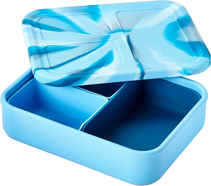 LunchBots Build -a- Bento Lunch Box, Silicone Bento Box for Kids, Multi-Compartment Lunch Container, Oven & Dishwasher Safe, BPA Free, 32 oz - Tie Dye Light Blue