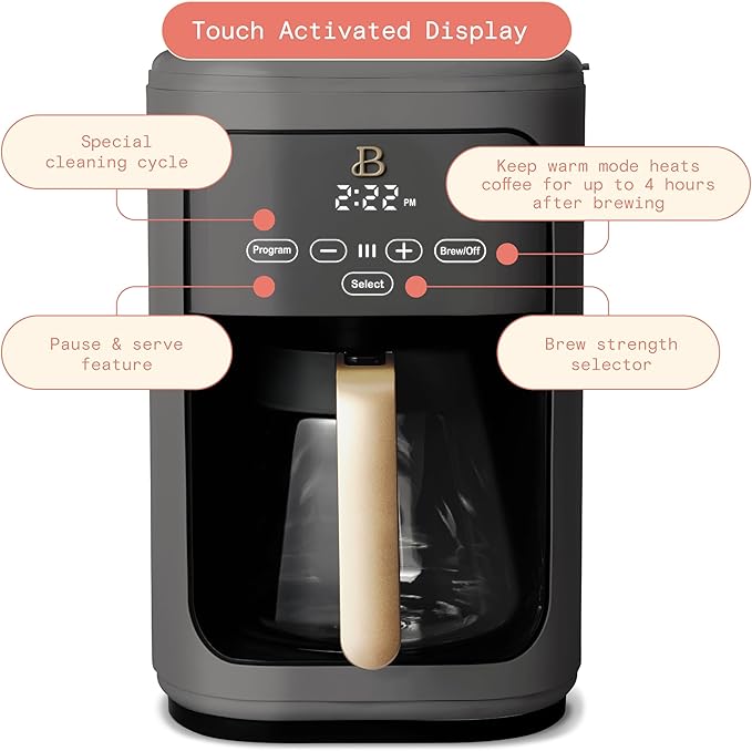 Beautiful Coffee Maker, 14-Cup, Touch-Activated Display, Programmable, Automatic Shut-Off, 1200W, Keep Warm, 24h Timer (Oyster Grey)