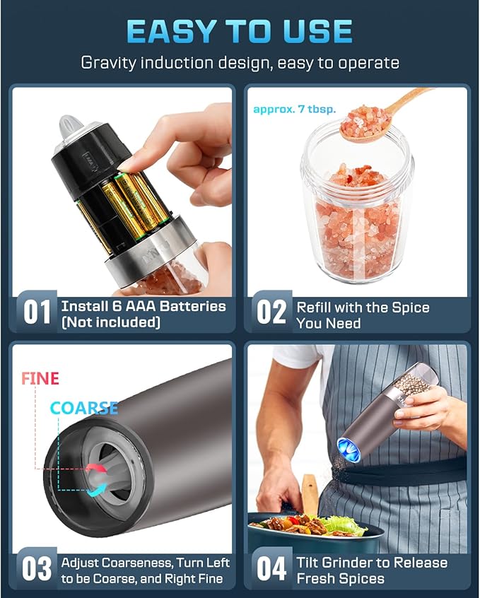 XinXu Gravity Electric Salt and Pepper Grinder Set, Automatic Mill Grinder Shaker,Battery-Operated, Adjustable Coarseness, Stainless Stee, LED Light, One Hand Operated,Brown