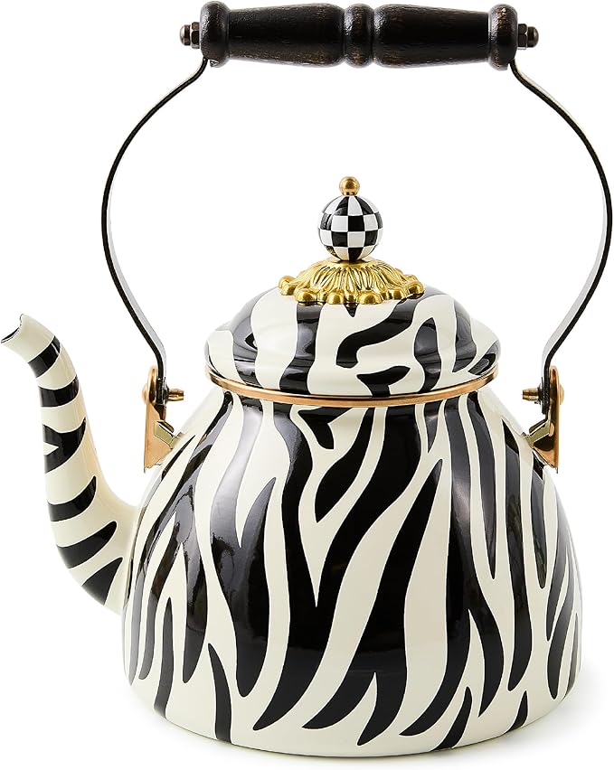 MACKENZIE-CHILDS Enamel Tea Kettle, Cute Tea Kettle for Stovetop, 2 Quarts, Zebra