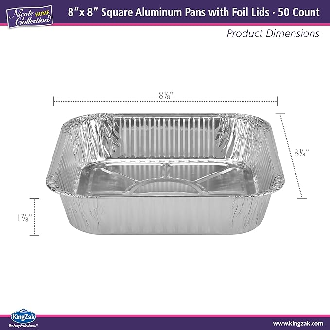 Nicole Home Collection 8x8 Aluminum Pans (50 Pack) 8 Inch Foil Pans - Cake Pans - Aluminum Square Pans - Disposable Food container - great For Cake Baking, Cooking, Heating, Freezing, Prepping Food