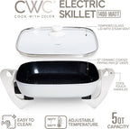 COOK WITH COLOR Electric Skillet - 12" x 12" Ceramic Nonstick Pan, PFAS-Free, 1400W, Tempered Glass Lid, Variable Temperature, Removable Heating Probe, Cool-Touch Handles, Cream