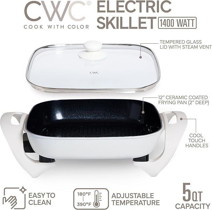 COOK WITH COLOR Electric Skillet - 12" x 12" Ceramic Nonstick Pan, PFAS-Free, 1400W, Tempered Glass Lid, Variable Temperature, Removable Heating Probe, Cool-Touch Handles, Cream