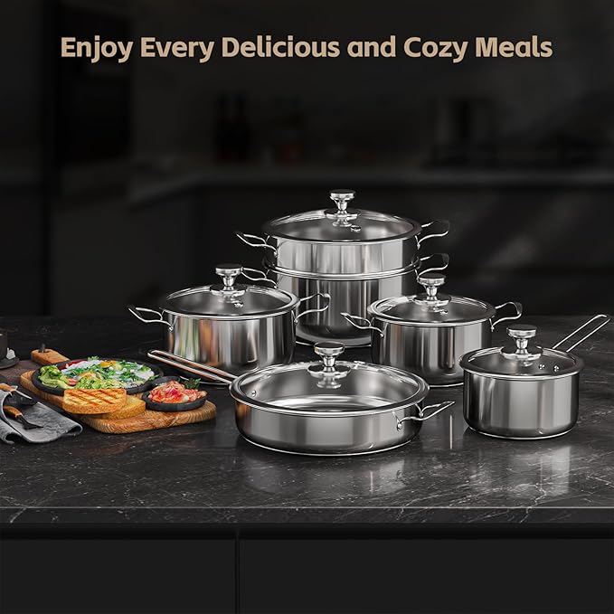 Meythway Pots and Pans Set Non Toxic, 11-Piece Stainless Steel Cookware Set with Steamer & Visual Lid, Kitchen Induction Cookware with Frying Pans, Saucepan and Stockpots For Oven & Dishwasher Safe