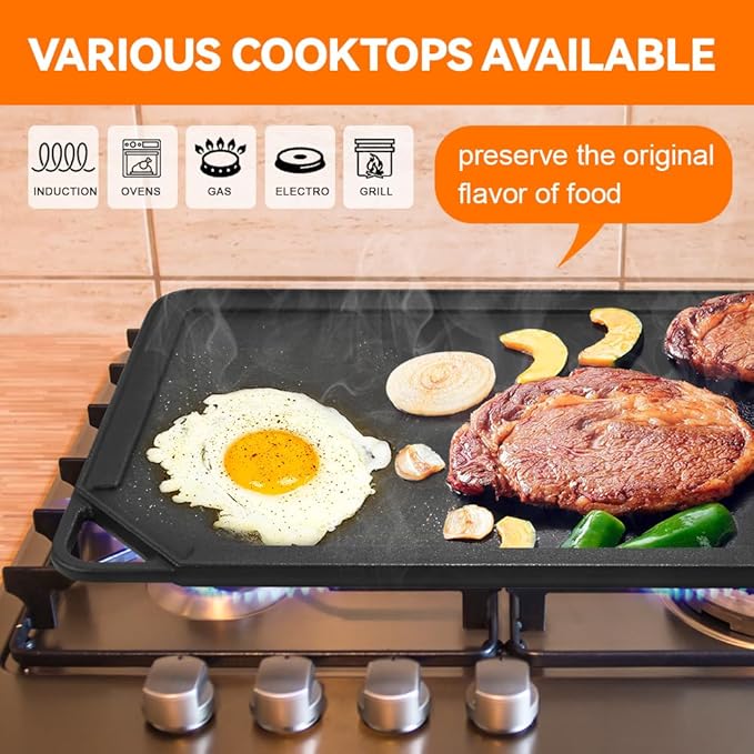 GGC Cast Iron Griddle for Gas Stove, Reversible Griddle for Gas Grills, 20 x 10 Flat and Ribbed Griddle Plate for Outdoor and Indoor Cooking