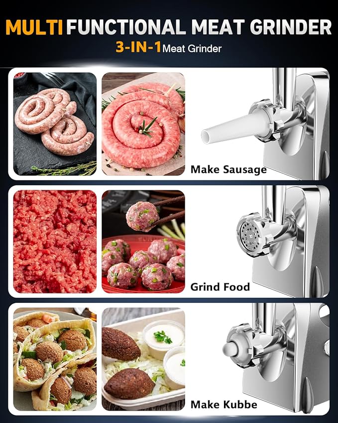 3-IN-1 Meat Grinder: [3000W Superior Motor] Electric Meat Grinder with 6 PCS Stainless Steel Blades & Grinding Plates, Sausage Stuffer Tubes & Kubbe Kit Portable Handle for Gift (Dark Gray New6)