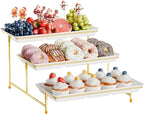 3-Tier Melamine Serving Tray Set, 14"x7" Platters for Serving Food, White Reusable Trays with Golden Metal Display Stand for Cupcakes, Sevring Food, Dessert, Fruit, Cookie, 24K Gold-Plated