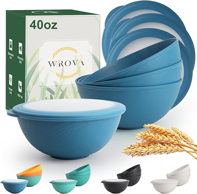 wheat straw bowls with lids set of 4, 40oz cereal bowls with covers,unbreakable salad container for lunch, dishwasher safe bowl sets for kitchen. Blue
