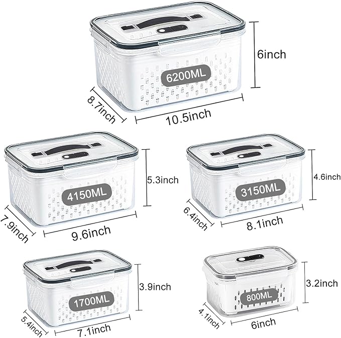 5 Pack Large Fruit Storage Containers for Fridge with vent holes and handle，Airtight Food Storage Containers Keep Fruits, Vegetables, Berry, Meat Fresh longer,BPA-free Fridge Storage Container