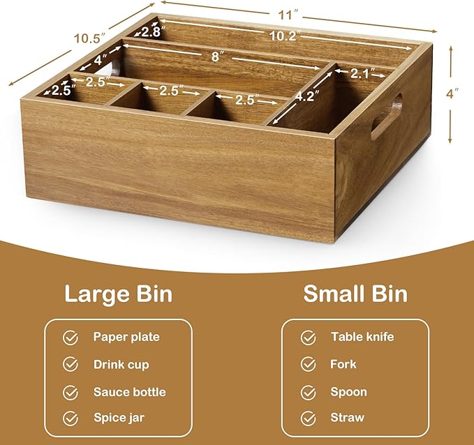 Acacia Wood Utensil Holder for Party, 6-Compartment Paper Plate and Silverware Organizer with Handles, Rustic Utensil Caddy for Parties, Outdoor Gatherings, and Kitchen Countertop Organization