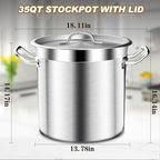 Large Stock Pot - 35Qt Brushed Stainless Steel Stock Pot With Lid - Heavy Duty Induction Commercial Grade Stockpots for Soup, Stew, Oven, Gas, Ceramic, and Dishwasher Safe