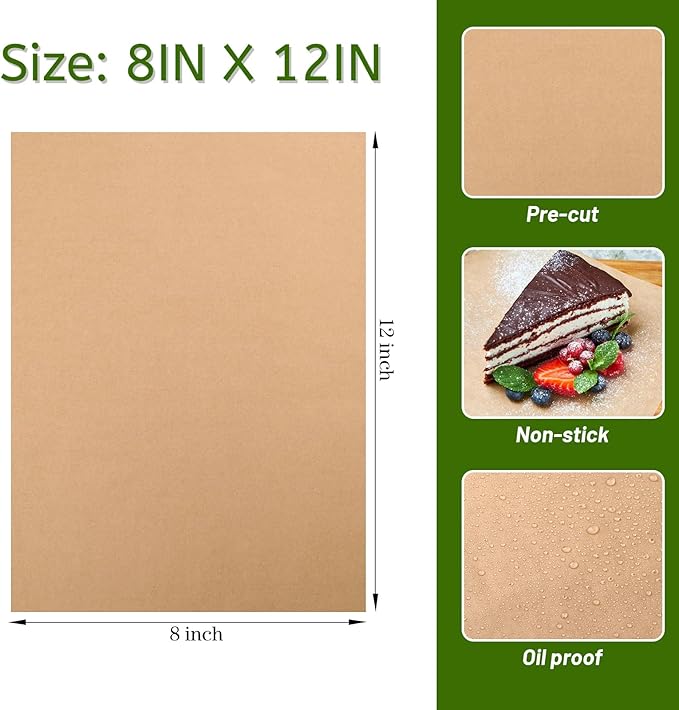 WMKGG 200Pcs Unbleached Parchment Paper for Baking, 8 x 12 Inch Precut Heavy Duty Parchment Paper Sheets for Cooking, Grilling, Air Fryer and Oven