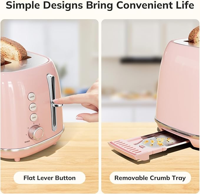 Toaster 2 Slice Stainless Steel with 6 Bread Shade Settings, Bagel, Cancel, Defrost Function, 2 Slice Retro Toaster with Extra Wide Slot, Removable Crumb Tray, pink