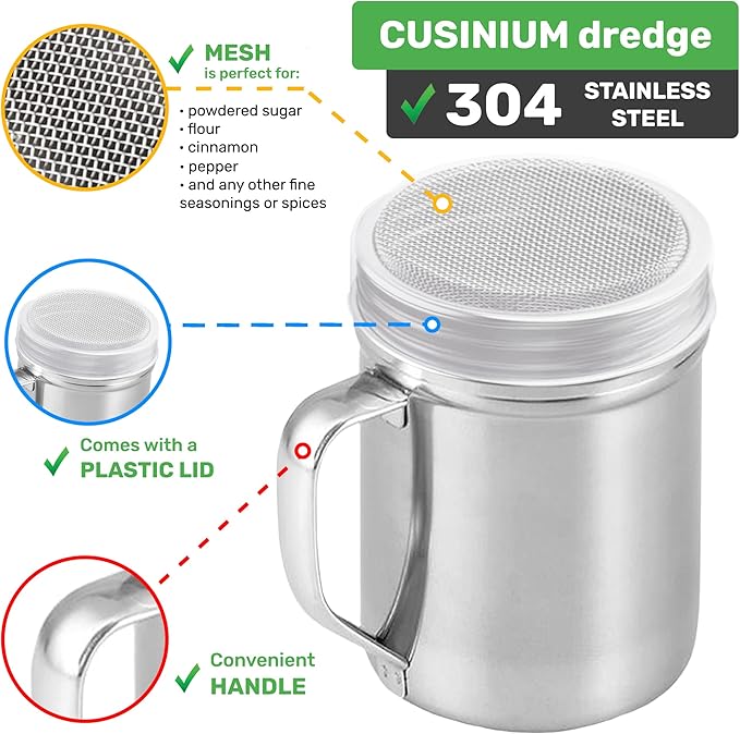 CUSINIUM Powdered Sugar Shaker Duster - With Handle - Cinnamon Shaker For Coffee Bar - Fine Mesh Dredge - 6 ounce, pack of 2 | Style: Fine