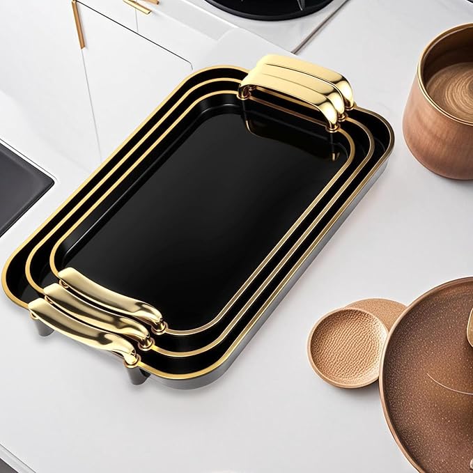 Serving Tray with Handles Set of 3 Rectangular Large Serving Platters 16.5/14.9/13.2 Inch White Plates for Dinner, Party, Entertaining, Black Gold