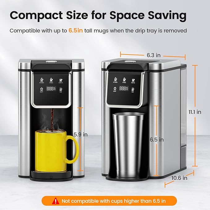 Single Serve Coffee Maker for K-Cup Pod and Grounds, Hot and Iced Coffee Maker, Strong Button Feature, 6 to 14oz Brew Sizes, 50oz Removable Reservoir, Up to 6.5 Inch Cup, Stainless Steel, Black