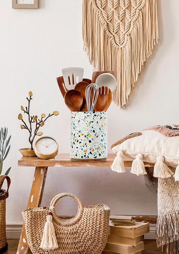 Nucookery Utensil Holder, 6.4" Ceramic Kitchen Utensil Holder for Countertop with Protection Cork Bottom, Vintage Farmhouse Kitchen Decor for Counter, Gift (Marble Pattern)