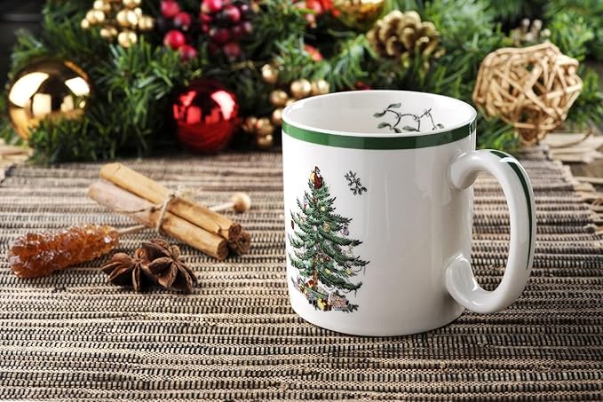 Spode Christmas Tree Mug Set of 4-9oz Ceramic - Microwave, Oven, Freezer & Dishwasher Safe - Festive Holiday Coffee Tea Cup for Hot Cocoa, Mulled Wine, Drinkware