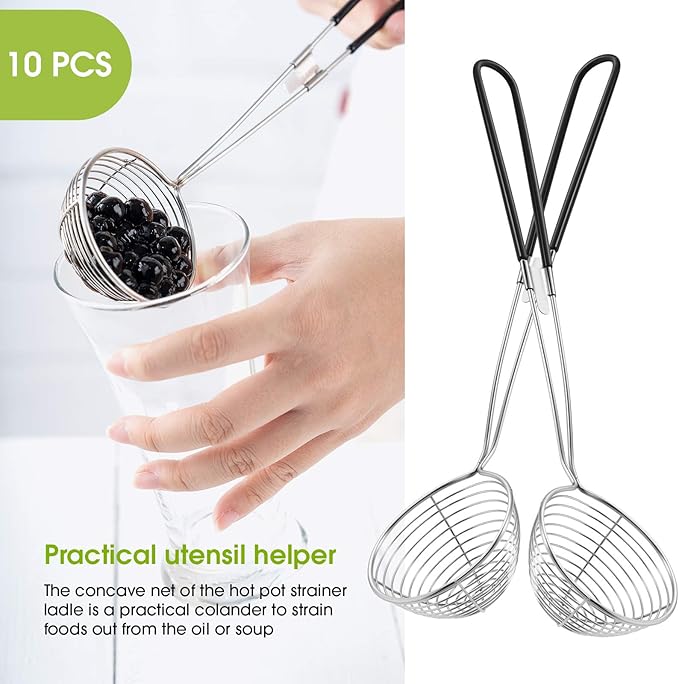 Geiserailie 6 Pieces Stainless Steel Hot Pot Strainer Scoops 2.5 Inch Mini Spider Strainer Skimmer Pasta Mesh Spoon Asian Skimmer Spoon Ladle with Handle for Home (Black)